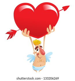 A cartoon funny cupid holding a huge heart over his head