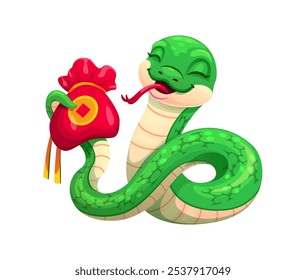 Cartoon cobra enrolada engraçada segurando saco de dinheiro vermelho cheio de moedas de ouro. Vetor isolado verde festivo réptil animal do zodíaco chinês representa riqueza, tradição e prosperidade para o ano lunar de 2025