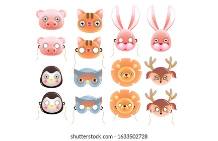 Cartoon funny cute animal faces for children masks vector illustration