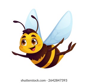 Cartoon funny cute bee character, honeybee animal with cheerful expression and bright black and yellow stripes. Isolated vector honey bee insect personage flying with outstretched hands and smiling