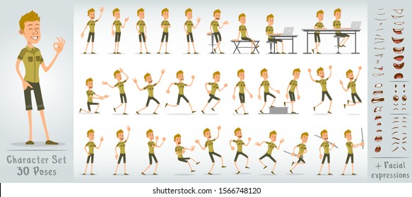 Cartoon funny cute blonde scout boy character in green uniform. 30 different poses and face expressions. Isolated on white background. Big vector icon set.