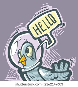 Cartoon funny cute blue pigeon in space helmet with bubble text Hello. Vector isolated on violet background.