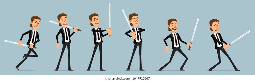 Cartoon funny cute business office boy character in black suit with tie. Ready for animations. Smiling businessman fighting with katana sword. Isolated on blue background. Big vector icon set.