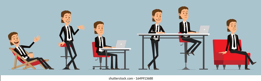 Cartoon funny cute business office boy character in black suit with tie. Ready for animations. Businessman working on laptop and resting with coffee. Isolated on blue background. Big vector icon set.