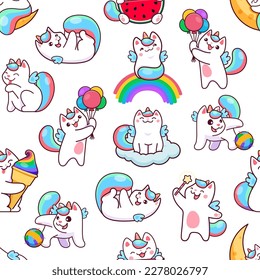 Cartoon funny cute caticorn seamless pattern. Vector repeated background with cute unicorn cat character sitting on rainbow or cloud, holding balloons, playing and making spell tiled kawaii wallpaper