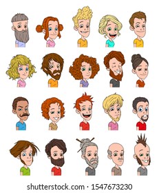 Cartoon funny cute characters avatars with different emotions. Boys and girls. Men and women. Isolated on white background. Big vector icon set.