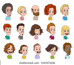 Cartoon funny cute characters avatars with different emotions. Boys and girls. Men and women. Isolated on white background. Vector icon set.