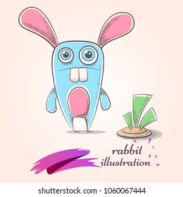 Cartoon funny, cute, crazy rabbit. Carrot illustration Vector eps 10