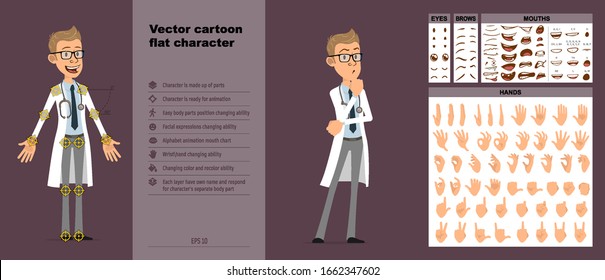 Cartoon funny cute doctor with stethoscope in white uniform. Ready for animations. Face expressions, eyes, brows, mouth and hands easy to edit. Isolated on violet background. Big vector icon set.