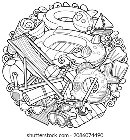 Cartoon funny cute doodles hand drawn summer beach children's entertainment illustration. Many leisure objects sketchy vector background.