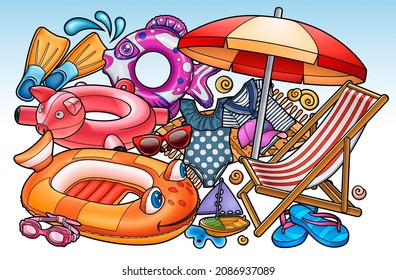 Caricatura graciosa lindo doodles dibujados a mano ilustraciones de entretenimiento de los niños de la playa de verano. Muchos objetos de ocio con un colorido fondo vectorial.