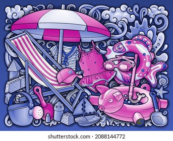 Cartoon funny cute doodles hand drawn summer beach children's entertainment illustration. Many leisure objects vector background.