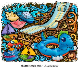 Cartoon funny cute doodles hand drawn summer beach children's entertainment illustration. Many leisure objects colorful vector background.