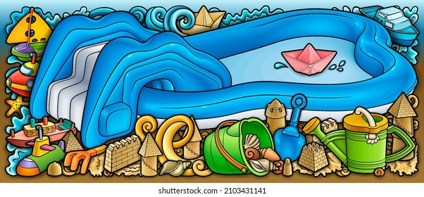 Cartoon funny cute doodles hand drawn summer beach children's entertainment illustration. Many leisure objects colorful vector background.