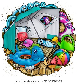 Cartoon funny cute doodles hand drawn summer beach children's entertainment round illustration. Many leisure objects colorful vector background.