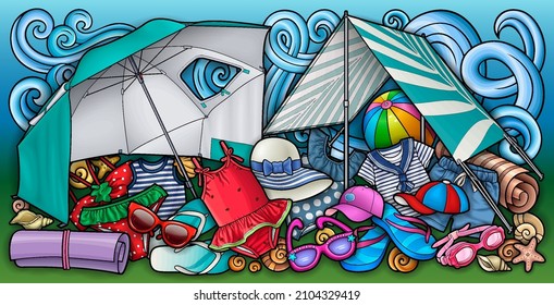Cartoon funny cute doodles hand drawn summer beach children's entertainment illustration. Many leisure objects colorful vector background.
