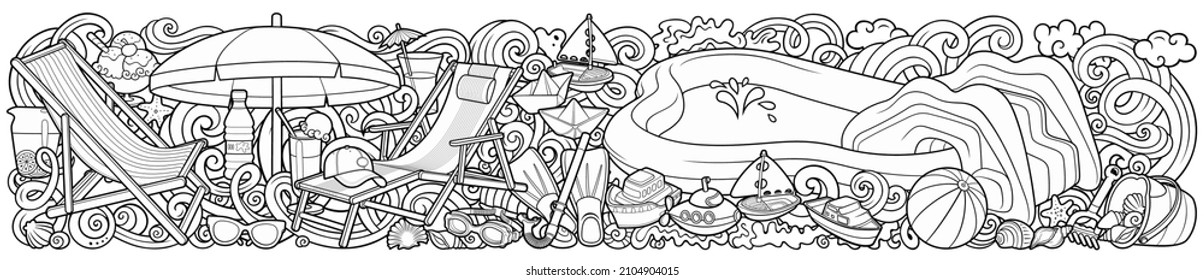 Cartoon funny cute doodles hand drawn summer beach children's entertainment illustration. Many leisure objects line art vector background.