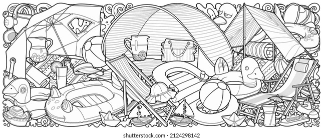 Cartoon funny cute doodles hand drawn summer beach children's entertainment illustration. Many leisure objects line art vector background.