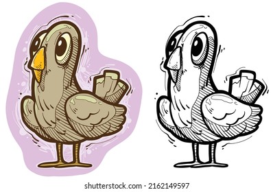 Cartoon funny cute hand drawn brown pigeon. Vector colorful sketch isolated on white background.