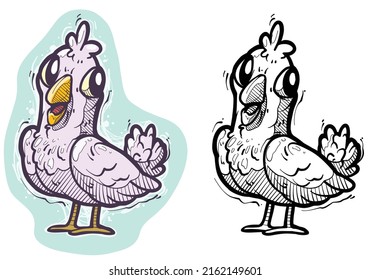 Cartoon funny cute hand drawn pink pigeon. Vector colorful sketch isolated on white background.