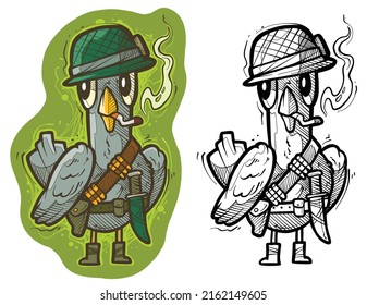 Cartoon funny cute hand drawn army soldier pigeon in helmet with ammo and knife. Vector colorful sketch isolated on white background.