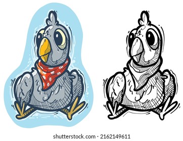 Cartoon funny cute hand drawn grey pigeon with bandana scarf. Vector colorful sketch isolated on white background.