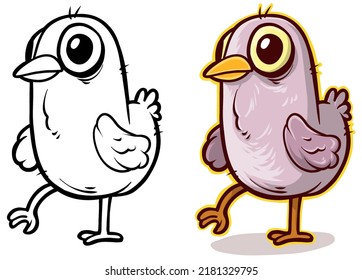 Cartoon funny cute hand drawn walking little pink bird. Vector colorful sketch isolated on white background.