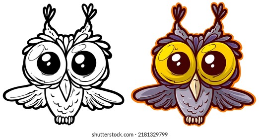 Cartoon Funny Cute Hand Drawn Little Owl Bird With Big Yellow Eyes. Vector Colorful Sketch Isolated On White Background.