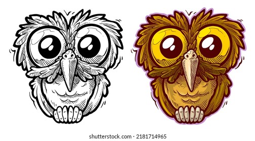 Cartoon Funny Cute Hand Drawn Old Owl Bird With Big Yellow Eyes. Vector Colorful Sketch Isolated On White Background.