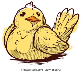 Cartoon funny cute hand drawn walking little yellow bird. Vector colorful sketch isolated on white background.