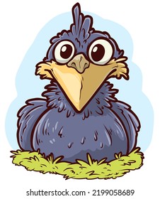 Cartoon lustige, süße Hand gezeichnet lächelnden Krähesatz in grünem Nest. Farbige Vektorgrafik einzeln auf weißem Hintergrund.