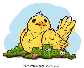 Cartoon funny cute hand drawn little yellow bird sitting on green grass with flowers. Vector colorful sketch isolated on white background.