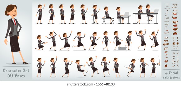 Cartoon funny cute handsome business girl character in black suit with red earrings. 30 different poses and face expressions. Isolated on white background. Big vector icon set.