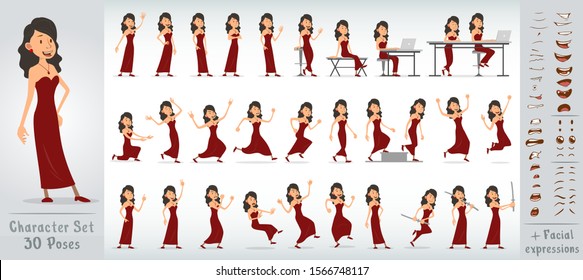 Cartoon funny cute handsome girl character in red evening dress. 30 different poses and face expressions. Isolated on white background. Big vector icon set.