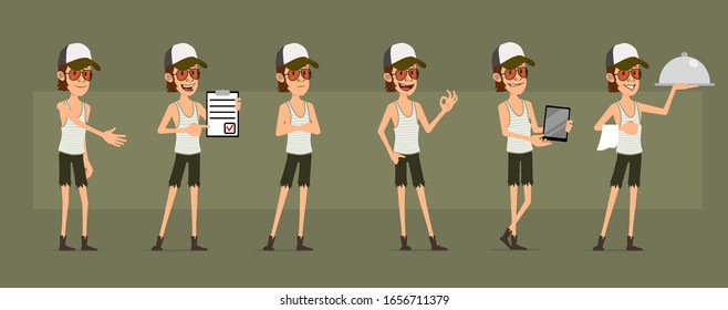 Cartoon Funny Cute Hipster Farmer Boy Character In Shorts And Glasses. Ready For Animations. Waiter With Tray And Trucker With Tablet. Isolated On Green Background. Big Vector Icon Set.