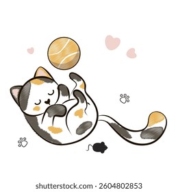 Cartoon funny cute kitten play. Hand drawn cat isolated on white background.