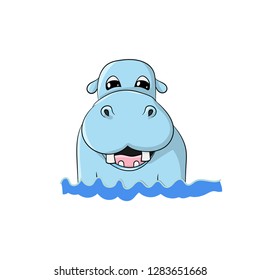 Cartoon funny, cute and little hippo in water, isolated on white background- vector