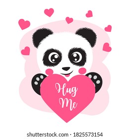 Cartoon funny cute little panda. hug me picture for valentines day.  vector illustration