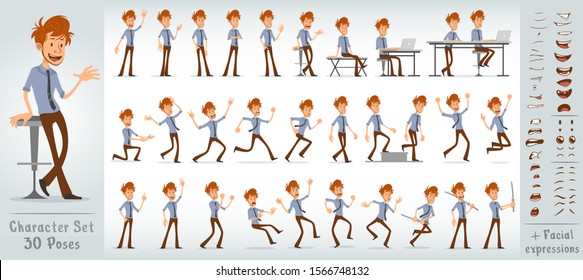 Cartoon funny cute office boy character in shirt with blue tie. 30 different poses and face expressions. Isolated on white background. Big vector icon set.