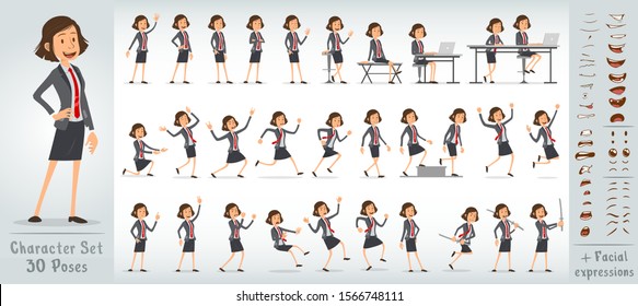 Cartoon funny cute office girl character in blue suit with red tie. 30 different poses and face expressions. Isolated on white background. Big vector icon set.