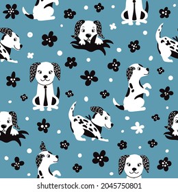 Cartoon funny cute seamless pattern with a dog on background flowers. For printing baby textile, fabrics, design, decor, gift wrapping, paper, baby shower, greeting card, notepad, scrapbooking.