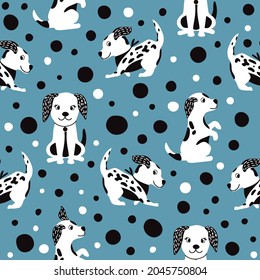 Cartoon funny cute seamless pattern with a dog on background dots. For printing baby textile, fabrics, design, decor, gift wrapping, paper, baby shower, greeting card, notepad, scrapbooking.