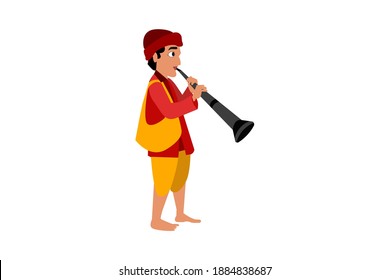 cartoon funny cute south indian traditional village boy with trumpet and hand bag isolated on white background for Pongal festive celebrations.