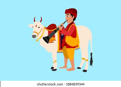 cartoon funny cute south indian traditional village boy with trumpet and hand bag with decorated ox isolated on blue background for Pongal festive celebrations. 
