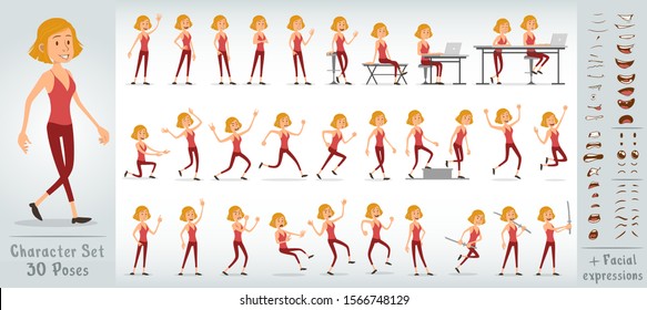 Cartoon funny cute sport blonde girl character in pink shirt. 30 different poses and face expressions. Isolated on white background. Big vector icon set.