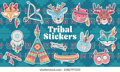 Cartoon funny cute tribal animal characters stickers pack, vector icons set. Animals and birds faces in Indian chief tribal feathers or Native American wigwam and canoe with tomahawk and bow arrows