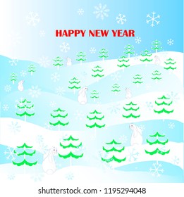 Cartoon funny, cute white hare, snow, snowflakes, green fir tree, Happy New Year stock vector illustration for typography banner, for congratulation card, greeting card