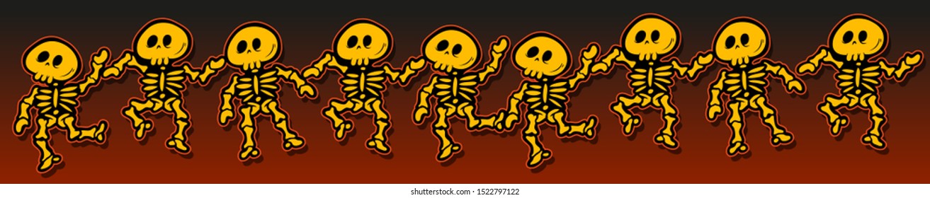 Cartoon funny dancing skeletons. Isolated on a brown background. Vector illustration.