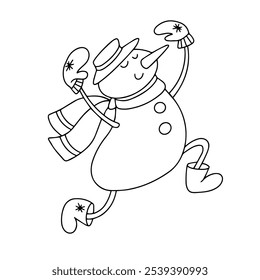 Cartoon funny dancing snowman. Vector drawing. New Year's character. Coloring pages for children