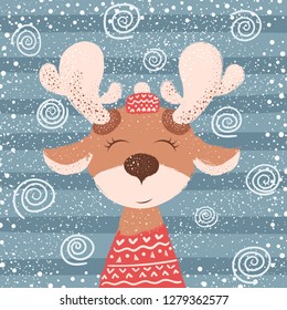 Cartoon funny deer character. Winter illustration. Hand draw
